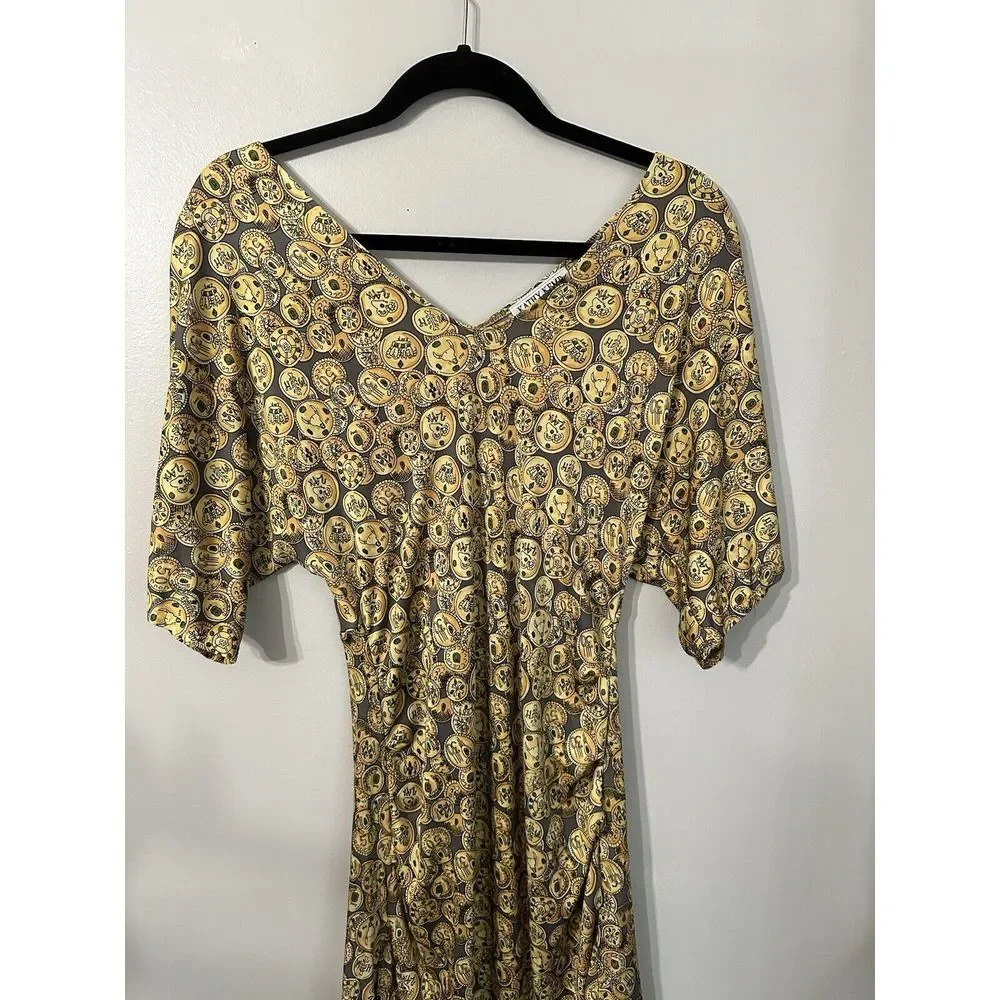 Kathy‎ Kemp Anna Women's Dress Sz2 Brown Coin Design Cinch Waist Flutter Sleeve